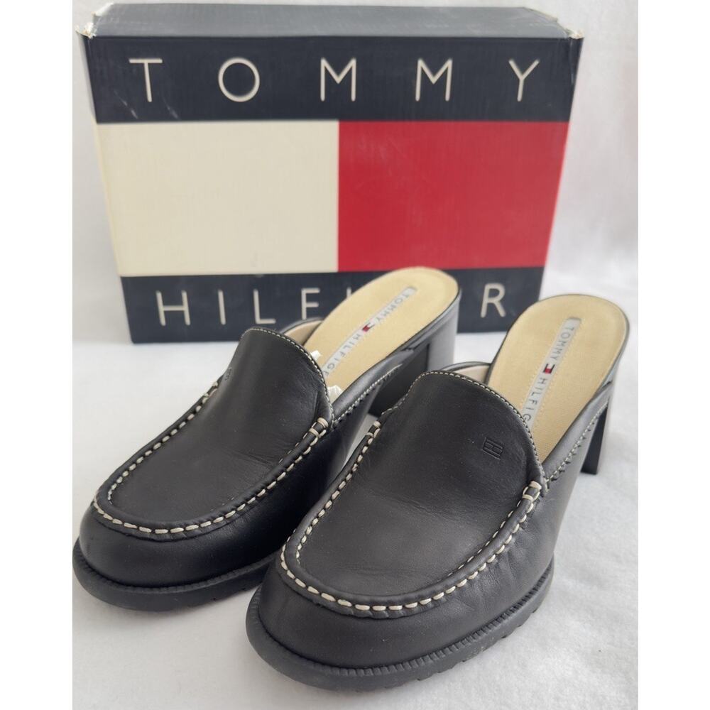 Vintage Y2K Tommy Hilfiger SlipOn Black Leather Chunky Block Heel Shoes W/Box 7M